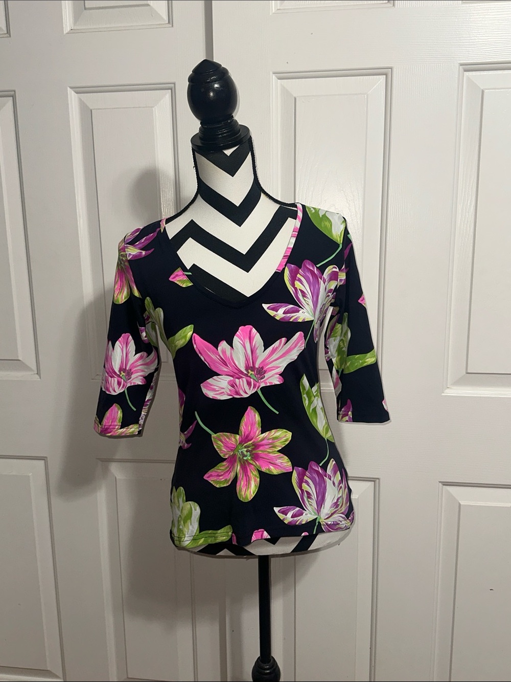 Manuel Canovas Black Floral V-Neck Top with Pink & Green Blooms